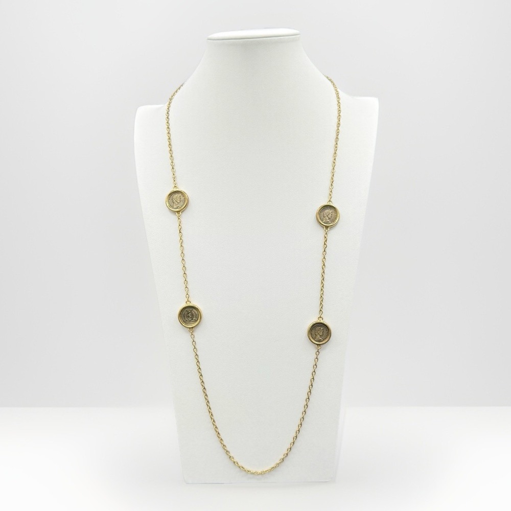 Vintage 1980s Queen Elizabeth II Coin Station Necklace – Gold Tone 36" Sautoir
